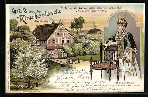 Lithographie Hove b. Estebrügge, Fachwerkhaus im Kirschenlande, Altländer Braut