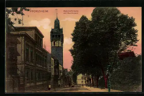 AK Pforzheim, Bahnhofstrasse mit Bezirksamt