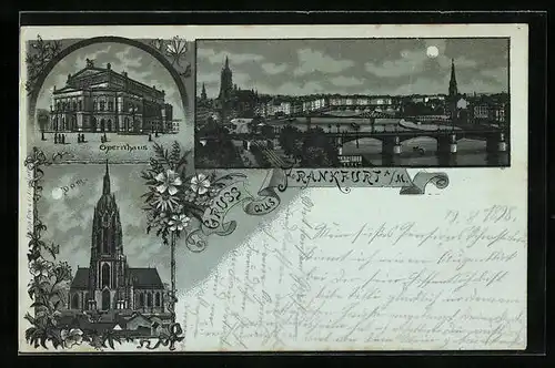 Mondschein-Lithographie Frankfurt a. M., Opernhaus, Dom, Panorama