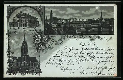 Mondschein-Lithographie Frankfurt a. M., Opernhaus, Dom, Panorama