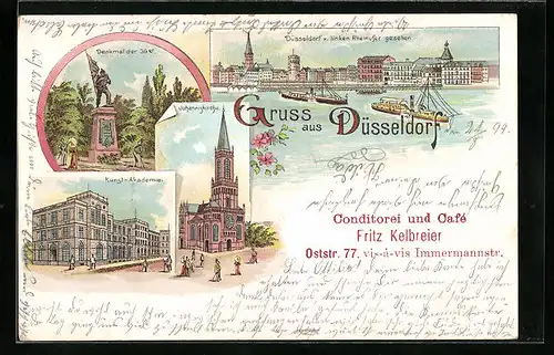 Lithographie Düsseldorf, Kunst-Akademie, Johanniskirche, Denkmal der 39er