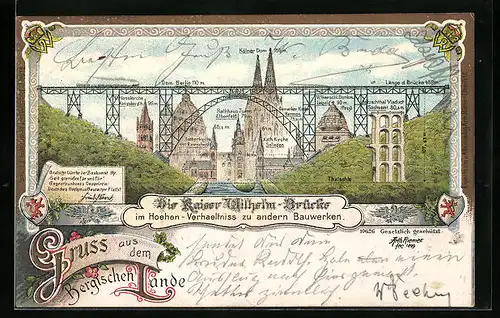 Lithographie Müngsten, Kaiser Wilhelm-Brücke im Höhenverhältnis zu anderen Bauwerken