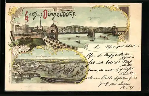 Lithographie Düsseldorf, Rheinbrücke, Neuer Rheinhafen