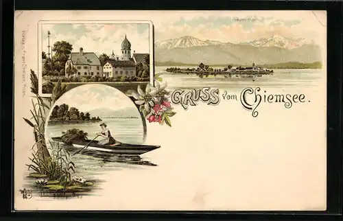 Lithographie Chiemsee, Ortspartie, Frauen-Insel