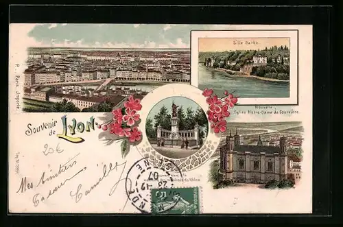Lithographie Lyon, L`Ile barbe, Eglise Notre-Dame de Fourvière, Panorama