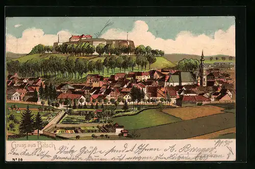 Künstler-AK Bitsch, Totalansicht mit Kirche