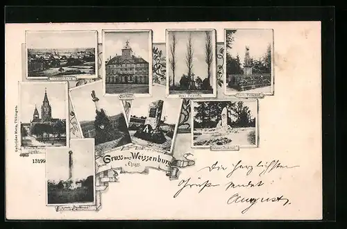 AK Weissenburg, Bayern-Denkmal, Rathaus, Drei Pappeln