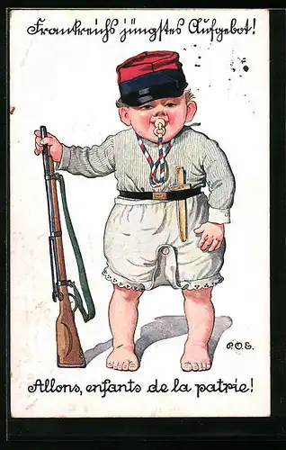 Künstler-AK P. O. Engelhard (P.O.E.): Säugling mit Schirmmütze, Gewehr und Schnuller