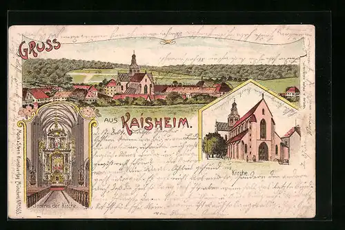 Lithographie Kaisheim, Totalansicht mit Kirche, Innenansicht mit Blick zum Altar