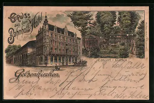 Lithographie Gelsenkirchen, Hotel zum Bahnhof mit Kozertgarten