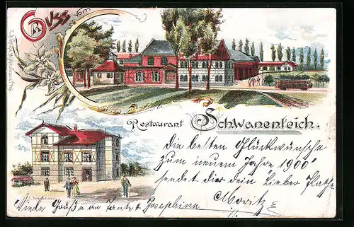 Lithographie Mühlhausen / Thür., Restaurant Schwanenteich und Logierhaus