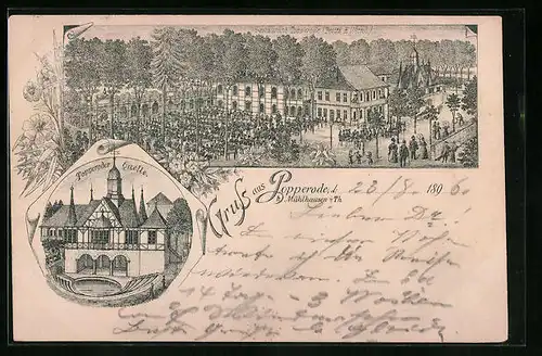 Lithographie Popperode / Mühlhausen, Gasthaus und Popperoder Quelle