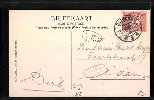 AK Zaandam, Begin Westzijde, Nederlandsche Posterijen, Binnenlandsche Postwissel, Postbote mit Brief