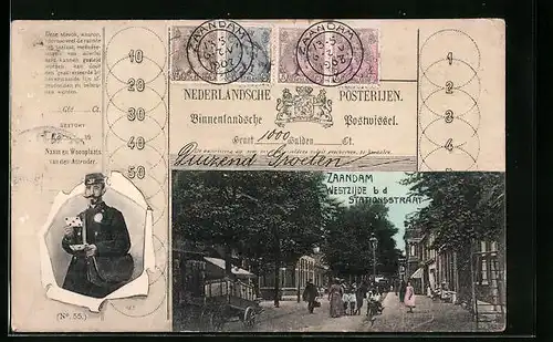 AK Zaandam, Westzijde b. d. Stationsstraat, Nederlandsche Posterijen, Binnenlandsche Postwissel, Postbote mit Brief