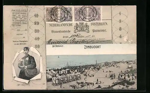 AK Zaandvoort, Strand, Nederlandsche Posterijen, Binnenlandsche Postwissel, Postbote mit Brief durch zerrissenes Papier