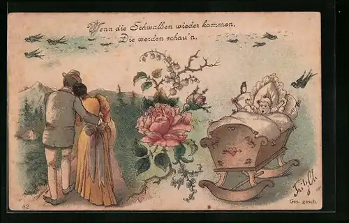 Vorläufer-Lithographie Wenn die Schwalben wieder kommen..., 1895, Liebespaar auf einem Wiesenweg, Baby in der Wiege