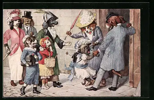 Künstler-AK Arthur Thiele: Das Müssen ist ein Bitterkraut, vermenschlichte Tiere