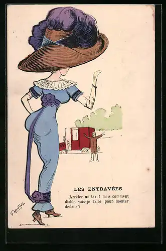 Künstler-AK Georges Mouton: Les Entravées, Modisch gekleidete Dame mit riesigem Hut
