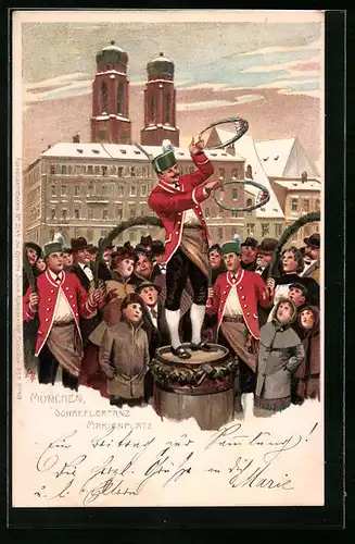 Künstler-Lithographie Paul Hey: München, Schäfflertanz auf dem Marienplatz