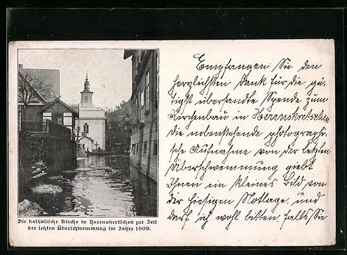 AK Herrnskretschen / Hrensko, Hochwasser 1909, Katholische Kirche