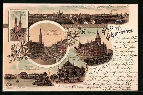 Lithographie Gelsenkirchen, Moltkeplatz, Rathaus, Kaisergarten mit Restaurant