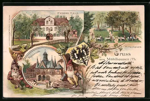 Lithographie Mühlhausen in Th., Gasthof am weissen Haus, Popperode, Hirschplatz, Zwerg, Wappen