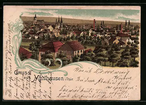 Lithographie Mühlhausen in Th., Ortsansicht aus der Vogelschau