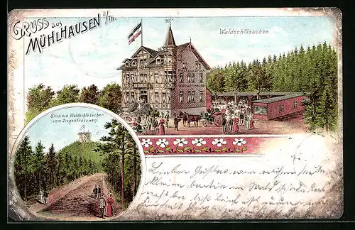 Lithographie Mühlhausen in Th., Waldschlösschen mit Restaurant, Ziegenfrassweg