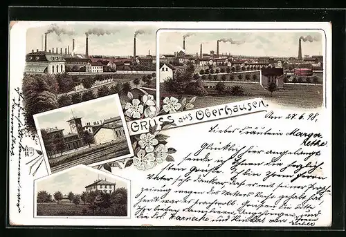 Lithographie Oberhausen, Totalansicht mit Industriegebiet, Bahnhof