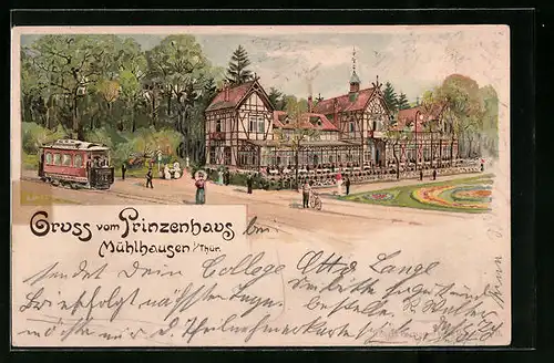Lithographie Mühlhausen in Th., Gasthof Prinzenhaus, Strassenbahn