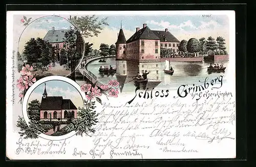Lithographie Gelsenkirchen, Flusspartie am Schloss Grimberg, Kirche