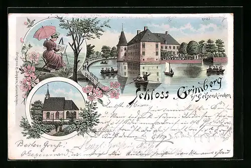 Lithographie Gelsenkirchen, Flusspartie am Schloss Grimberg, Kirche