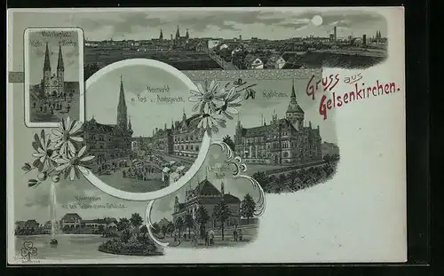 Mondschein-Lithographie Gelsenkirchen, Moltkeplatz, Neumarkt, Post, Amtsgericht, Kaisergarten