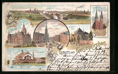 Lithographie Gelsenkirchen, Restaurant im Kaisergarten, Rathaus, Kath. Kirche