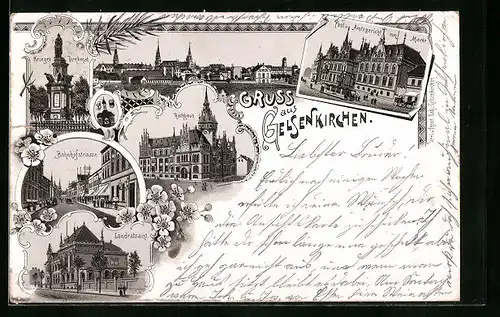 Lithographie Gelsenkirchen, Kriegerdenkmal, Rathaus, Landratsamt, Bahnhofstrasse