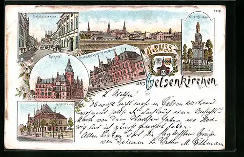 Lithographie Gelsenkirchen, Bahnhofstrasse, Kriegerdenkmal, Landratsamt, Rathaus