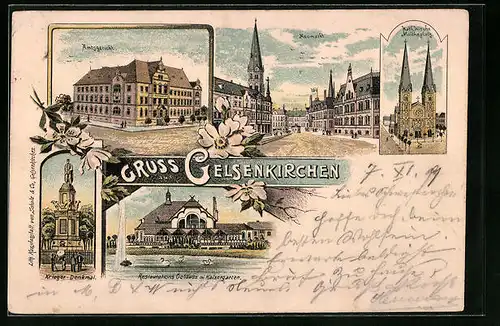 Lithographie Gelsenkirchen, Amtsgericht, Neumarkt, Kath. Kirche, Kriegerdenkmal