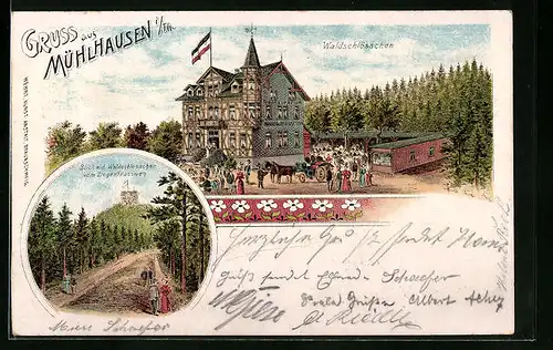 Lithographie Mühlhausen in Th., Waldschlösschen mit Restaurant, Ziegenfrassweg