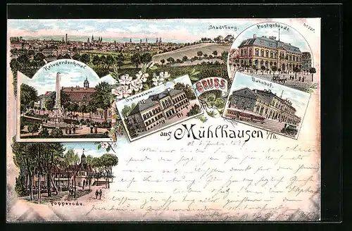 Lithographie Mühlhausen /Thür., Bahnhof, Popperode, Gymnasium