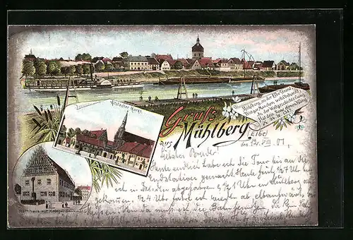 Lithographie Mühlberg /Elbe, Rathaus u. Kriegerdenkmal, Altstädter Markt, Totalansicht