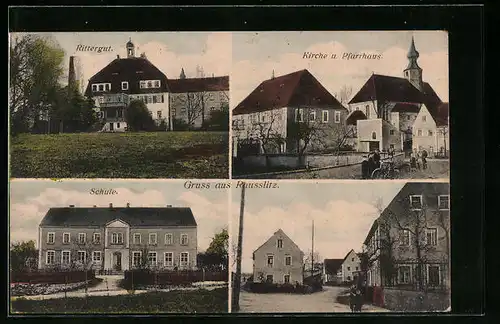 AK Rausslitz, Rittergut, Schule, Kirche u. Pfarrhaus