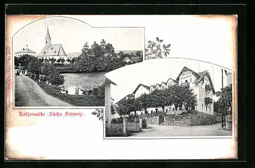 AK Rathewalde, Ritter`s Gasthof, Strassenpartie mit Kirche