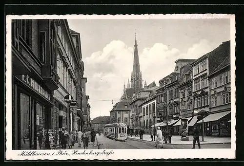 AK Mühlhausen /Thür., Hindenburgstrasse mit Strassenbahn