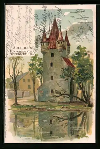 Lithographie Augsburg, Fünfgradthurm mit Ufer, Private Stadtpost