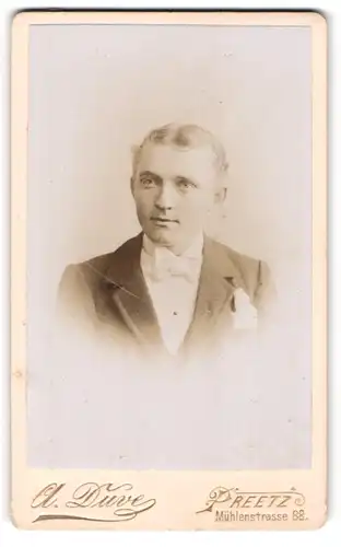 Fotografie A. Duve, Preetz, Mühlenstr. 88, Junger Herr im Anzug mit Fliege und Einstecktuch