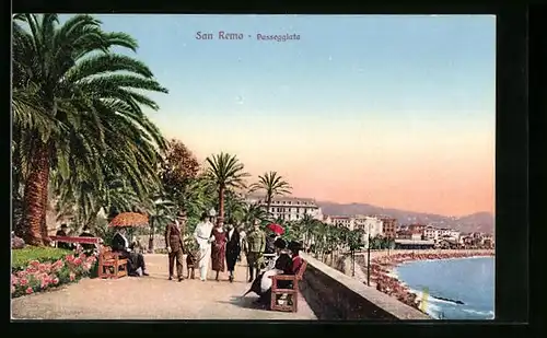 AK San Remo, Passeggiata, Passanten auf der Promenade