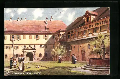 Künstler-AK Tübingen, Passanten am Brunnen auf dem Schlosshof