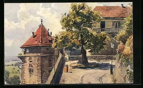Künstler-AK Tübingen, Partie auf der Burg, am Wehrturm