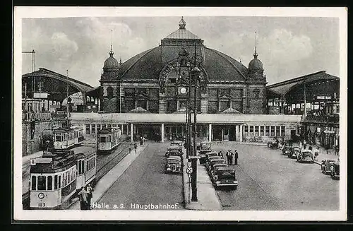 AK Halle a. S., Strassenbahnen vor dem Hauptbahnhof
