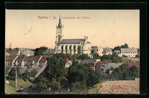 AK Hartha i. Sa., Stadttotale von Osten mit der Stadtkirche